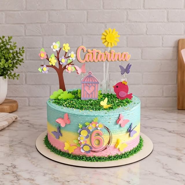 Bolo em tons de azul, rosa e amarelo com borboletas, árvore e o topo da Catarina